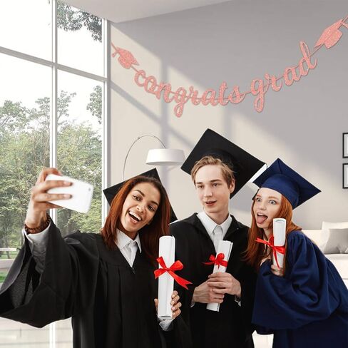 Congrats Grad Banner Decorations - Hanging Glitter Graduation Banner with Cap Garland Sign Bunting for Class of 2024 Photo Backdrop, College High School Grad Party Supplies for Wall Decor (Black) in Saudi Arabia