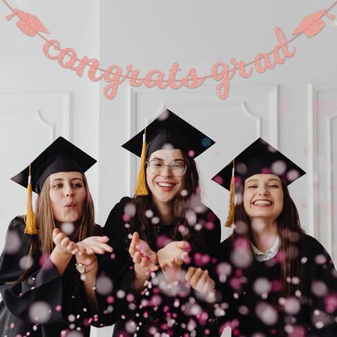 Congrats Grad Banner Decorations - Hanging Glitter Graduation Banner with Cap Garland Sign Bunting for Class of 2024 Photo Backdrop, College High School Grad Party Supplies for Wall Decor (Black) in Saudi Arabia