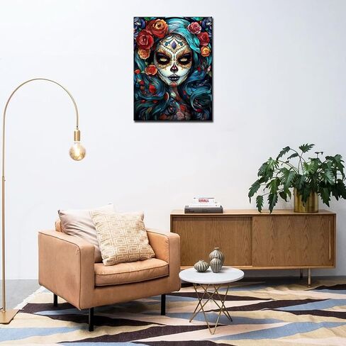 لوحة ماسية لفتاة السكر على شكل جمجمة DIY 5D، مجموعة ترقيم، عمل فني لزهور الورد الأحمر/صور يوم المكسيك للموتى لوحة فنية مطرزة بحجر الراين الكريستالي ديكور منزلي هدية للبالغين (12 بوصة عرض × 16 بوصة ارتفاع) in Kuwait