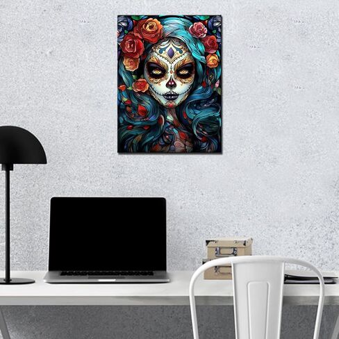 لوحة ماسية لفتاة السكر على شكل جمجمة DIY 5D، مجموعة ترقيم، عمل فني لزهور الورد الأحمر/صور يوم المكسيك للموتى لوحة فنية مطرزة بحجر الراين الكريستالي ديكور منزلي هدية للبالغين (12 بوصة عرض × 16 بوصة ارتفاع) in Kuwait