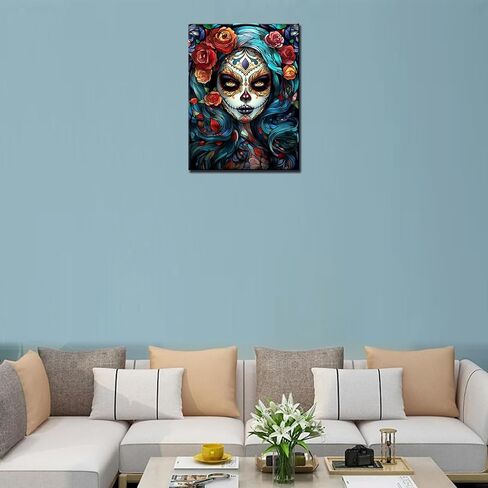 لوحة ماسية لفتاة السكر على شكل جمجمة DIY 5D، مجموعة ترقيم، عمل فني لزهور الورد الأحمر/صور يوم المكسيك للموتى لوحة فنية مطرزة بحجر الراين الكريستالي ديكور منزلي هدية للبالغين (12 بوصة عرض × 16 بوصة ارتفاع) in Kuwait