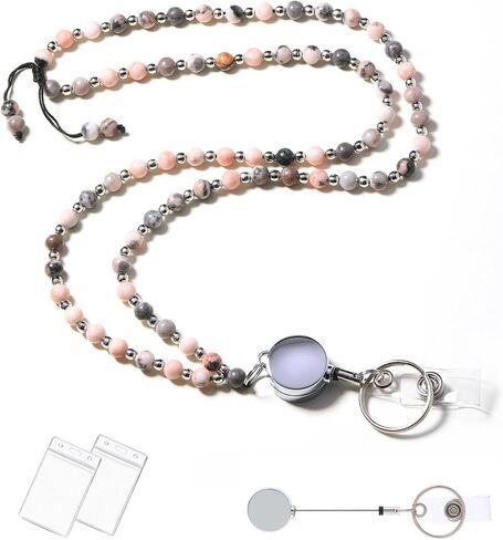 C&L Accessories Beaded Retractable Lanyards for ID Badges and Keys Durable Teacher Lanyard Natural Stone with Id Holders in Kuwait
