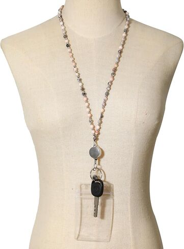 C&L Accessories Beaded Retractable Lanyards for ID Badges and Keys Durable Teacher Lanyard Natural Stone with Id Holders in Kuwait