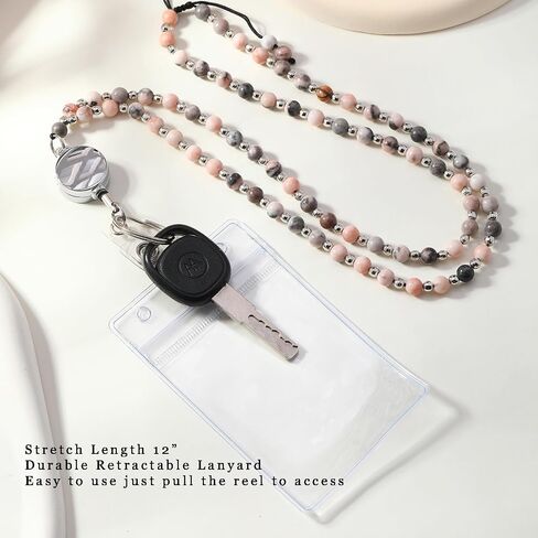 C&L Accessories Beaded Retractable Lanyards for ID Badges and Keys Durable Teacher Lanyard Natural Stone with Id Holders in Kuwait