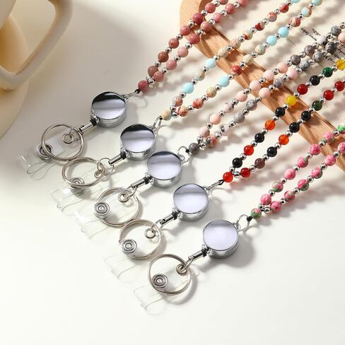 C&L Accessories Beaded Retractable Lanyards for ID Badges and Keys Durable Teacher Lanyard Natural Stone with Id Holders in Kuwait