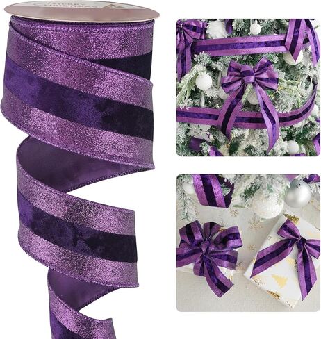 HUIHUANG Purple Velvet Wired Ribbon with Glitter Striped Edges 2.5 inch Purple Christmas Ribbon for Trees, Bows Making, Wreath Supplies, Gift Wrapping, Garlands, Home Decor, Crafts -10 Yards in Kuwait