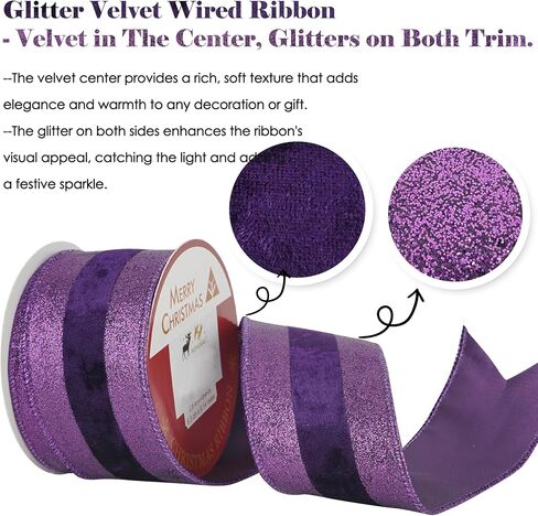 HUIHUANG Purple Velvet Wired Ribbon with Glitter Striped Edges 2.5 inch Purple Christmas Ribbon for Trees, Bows Making, Wreath Supplies, Gift Wrapping, Garlands, Home Decor, Crafts -10 Yards in Kuwait