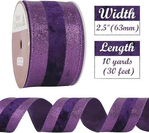 HUIHUANG Purple Velvet Wired Ribbon with Glitter Striped Edges 2.5 inch Purple Christmas Ribbon for Trees, Bows Making, Wreath Supplies, Gift Wrapping, Garlands, Home Decor, Crafts -10 Yards in Kuwait