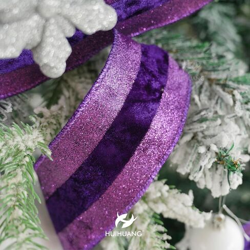 HUIHUANG Purple Velvet Wired Ribbon with Glitter Striped Edges 2.5 inch Purple Christmas Ribbon for Trees, Bows Making, Wreath Supplies, Gift Wrapping, Garlands, Home Decor, Crafts -10 Yards in Kuwait