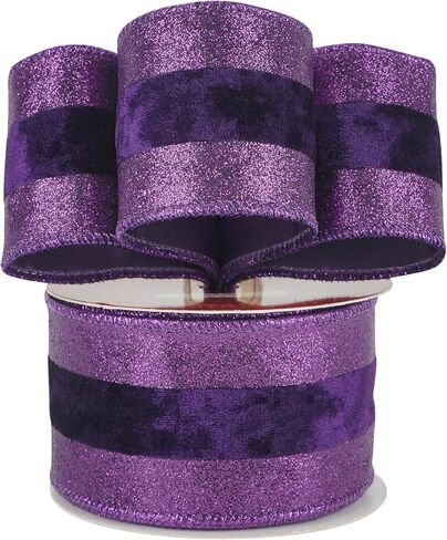 HUIHUANG Purple Velvet Wired Ribbon with Glitter Striped Edges 2.5 inch Purple Christmas Ribbon for Trees, Bows Making, Wreath Supplies, Gift Wrapping, Garlands, Home Decor, Crafts -10 Yards in Kuwait