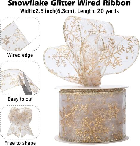 Snowflake Glitter Wired Ribbon for Christmas Tree, Gift Wrapping, 2.5 Inch x 20 Yards Red Sheer Organza Ribbon with Silver Glitter Snowflake Pattern for Crafts, Bows Making, Floral, Garlands in Saudi Arabia
