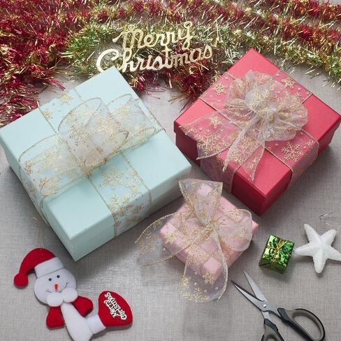 Snowflake Glitter Wired Ribbon for Christmas Tree, Gift Wrapping, 2.5 Inch x 20 Yards Red Sheer Organza Ribbon with Silver Glitter Snowflake Pattern for Crafts, Bows Making, Floral, Garlands in Saudi Arabia