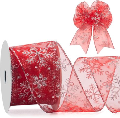 Snowflake Glitter Wired Ribbon for Christmas Tree, Gift Wrapping, 2.5 Inch x 20 Yards Red Sheer Organza Ribbon with Silver Glitter Snowflake Pattern for Crafts, Bows Making, Floral, Garlands in Saudi Arabia