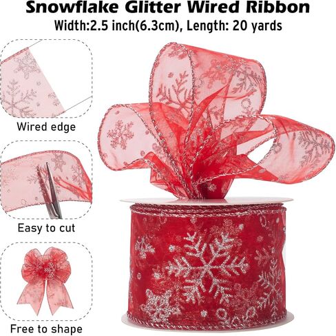 Snowflake Glitter Wired Ribbon for Christmas Tree, Gift Wrapping, 2.5 Inch x 20 Yards Red Sheer Organza Ribbon with Silver Glitter Snowflake Pattern for Crafts, Bows Making, Floral, Garlands in Saudi Arabia