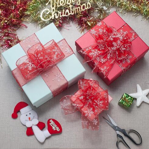 Snowflake Glitter Wired Ribbon for Christmas Tree, Gift Wrapping, 2.5 Inch x 20 Yards Red Sheer Organza Ribbon with Silver Glitter Snowflake Pattern for Crafts, Bows Making, Floral, Garlands in Saudi Arabia