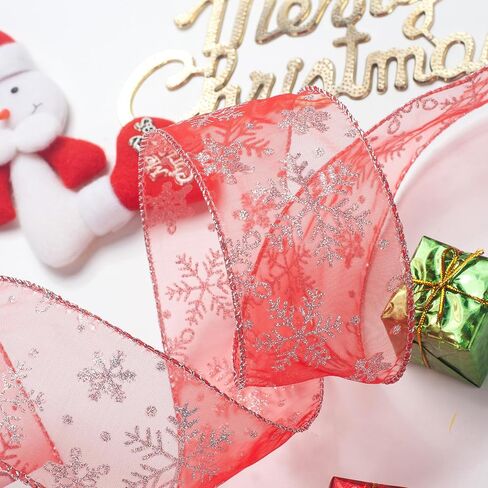 Snowflake Glitter Wired Ribbon for Christmas Tree, Gift Wrapping, 2.5 Inch x 20 Yards Red Sheer Organza Ribbon with Silver Glitter Snowflake Pattern for Crafts, Bows Making, Floral, Garlands in Saudi Arabia
