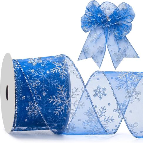 Snowflake Glitter Wired Ribbon for Christmas Tree, Gift Wrapping, 2.5 Inch x 20 Yards Red Sheer Organza Ribbon with Silver Glitter Snowflake Pattern for Crafts, Bows Making, Floral, Garlands in Saudi Arabia