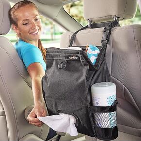 High Road Car Tissue Holder and Seat Back Organizer with Hanging Car Trash Bag and Side Pockets for Bottles and Driving Accessories