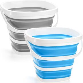 Fasmov 2 Pack Collapsible Plastic Bucket, Portable Cleaning Bucket with Handle, 2.6 Gallon (10L) Foldable Rectangular Tub for Hiking, Backpacking, Camping, Fishing, Car Wash, Gray & Blue