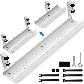No Drilling Under Desk Cable Management, Metal Cable Management Tray Under Desk with Clamp, Retractable Power Strip Cord Holder for Wire Management 16 Inch (1 Pack)