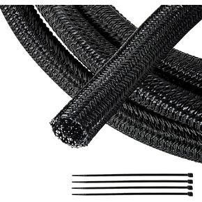 RED WOLF Cable Sleeves Cord Management Braided Wire Loom Split Sleeving 3/8 Inch x 10 FT Protector Wiring Cable Cover Flexible Self-Wrap for Automotive Home Office Anti-Scratch High-Temperature Black