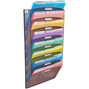 Ultimate Office Mesh Wall File Organizer, 10 Tier Vertical Mount Hanging File Sorter. Multipurpose Display Rack Includes 18, 3rd Cut PocketFile Clear Document Folder Project Pockets (Black)