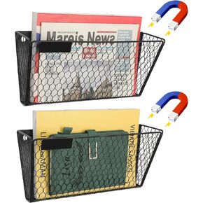 Magnetic File Holder for File Cabinets,1-Tier No Drilling Durable Magnetic Paper Holder, Black Mesh Wall File Holder for Refrigerator, Whiteboard, Mail Organizer, Writing Label Included (2 packs)