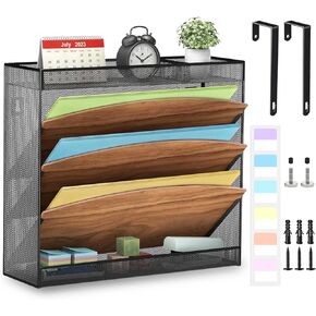 LUCYCAZ Wood Wall File Organizer-Hanging Wall File Holder, 5 Tier Mesh Office Wall Organizer, 3 Pockets Wall Hanging File Organizer with 2 Flat Trays, Wall Mount File Holder for Office Home, Black