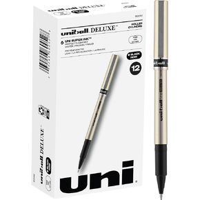 Uniball Deluxe Rollerball Pen, 12 Black Pens, 0.7mm Fine Point Roller Pens| Office Supplies, Ink Pens, Colored Pens, Fine Point, Smooth Writing Pens, Ballpoint Pens