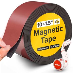 Flexible Magnetic Tape - Wide 1.5 Inch x 10 Feet Magnetic Strip with Strong Self Adhesive - Premium Magnetic Roll for DIY and Craft Projects - Sticky Magnets for Refrigerator and Dry Erase Board