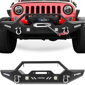 OEDRO Front Bumper and Skid Plate Compatible for 2007-2018 Jeep Wrangler JK & Unlimited, Rock Crawler Bumper with Winch Plate Mounting & 4 x LED Lights & 2 x D-Rings Off Road