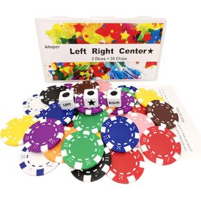 مجموعة ألعاب النرد المركزية اليمنى واليسرى مع 3 نردات + 30 شريحة بوكر احترافية كبيرة، ورقائق كازينو 11.5 جرام. in Kuwait
