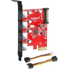 Inateck PCI-e to USB 3.0 (4 Ports) PCI Express Card and 15-Pin Power Connector, Red