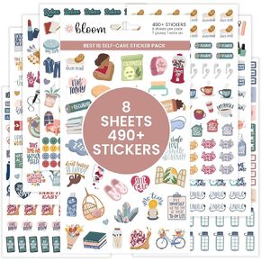 Bloom Daily Planners Rest is Self-Care Planner Sticker Pack - 8 Sheets / 490+ Stickers - Relaxation Themed Illustrations for Mental Health & Wellness - Journaling, Scrapbooking, Planning