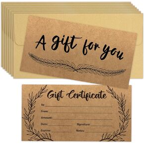 48 Pcs Blank Gift Certificates Kraft Certificate Cards with 48 Pcs Envelopes for Business Salon Restaurants Spa Christmas Birthday, 3.5 x 7