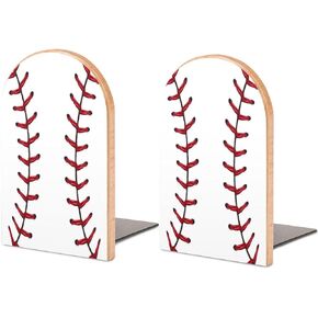 2 Pack Wood Bookends, Sport Baseball Stitches Non-Skid Book Ends for Heave Books, Decorative Bookends for Shelves Desk, Book Stoppers Book Holders for Home Office Library School