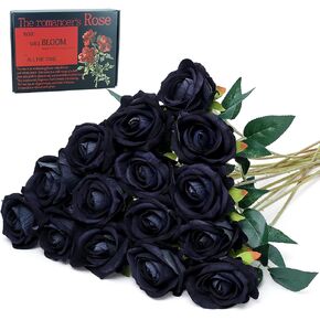 SITUMEIZI 15PCS Black Roses Artificial Silk Flowers Fake Roses Bouquet with Long Stem Real Touch for Wedding Decoration Party Home Decor