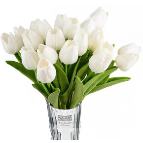 Artificial Tulips Bridal Wedding Festival Decor Bouquet Real Touch PU Flower Bouquet Pack of 20 (Bright Red)