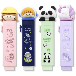 Cute Retractable Rubber Eraser, 4 Pcs Retractable Eraser with 4 Pcs Eraser Refills, Astronaut Peach Girl Unicorn Panda Sliding Retractable Eraser for Kids Boys Girls School Supplies
