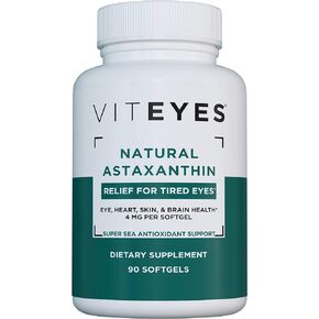 Viteyes Natural Astaxanthin, Relieve Tired Eyes & Eye Strain, Sourced from Algae, Skin Hydration, Heart & Brain Health, 4 to 8 mg Natural Astaxanthin, 90 Softgels