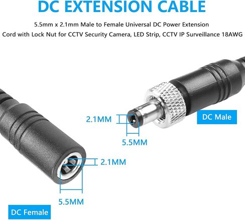 CERRXIAN 4.92FT DC 12V Power Extension Cable, 5.5mm x 2.1mm Male to Female Universal DC Power Extension Cord with Lock Nut for CCTV Security Camera, LED Strip, CCTV IP Surveillance 18AWG in Saudi Arabia