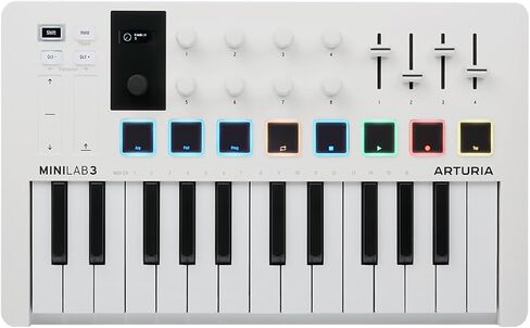 Arturia - MiniLab 3 Alpine - وحدة تحكم MIDI عالمية لإنتاج الموسيقى، مع حزمة برامج الكل في واحد - 25 مفتاحًا، 8 لوحات متعددة الألوان - أبيض جبال الألب in Kuwait