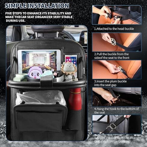 منظم ظهر مقعد السيارة مع سلة مهملات قابلة للطي، منظم مثالي لمقعد السيارة الخلفي مع صينية للتنظيم والسفر والراحة - ملحقات السيارة التي يجب اقتناؤها (عبوة واحدة) in Kuwait