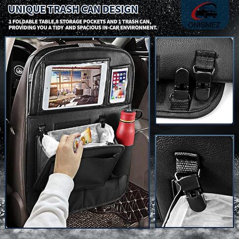 منظم ظهر مقعد السيارة مع سلة مهملات قابلة للطي، منظم مثالي لمقعد السيارة الخلفي مع صينية للتنظيم والسفر والراحة - ملحقات السيارة التي يجب اقتناؤها (عبوة واحدة) in Kuwait