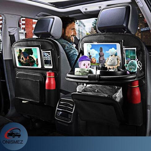 منظم ظهر مقعد السيارة مع سلة مهملات قابلة للطي، منظم مثالي لمقعد السيارة الخلفي مع صينية للتنظيم والسفر والراحة - ملحقات السيارة التي يجب اقتناؤها (عبوة واحدة) in Kuwait