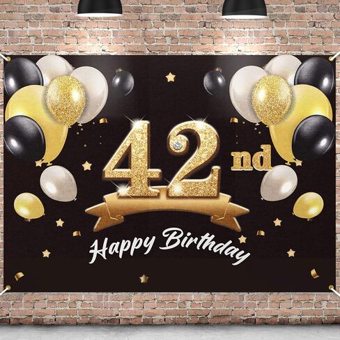 Happy 42nd Birthday Banner Backdrop - 42 Birthday Party Decorations Supplies for Men - Black Gold 4 x 6ft in Saudi Arabia