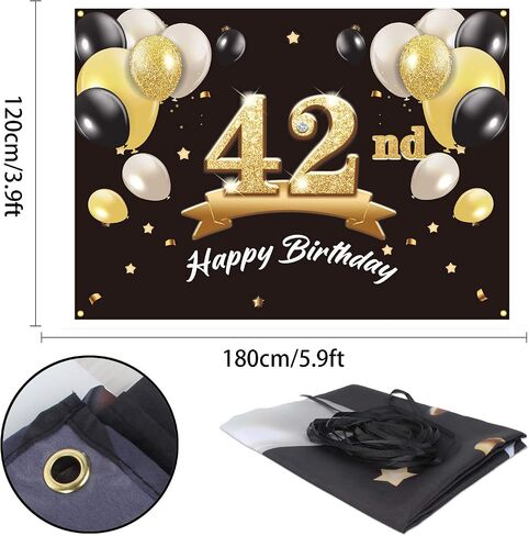 Happy 42nd Birthday Banner Backdrop - 42 Birthday Party Decorations Supplies for Men - Black Gold 4 x 6ft in Saudi Arabia