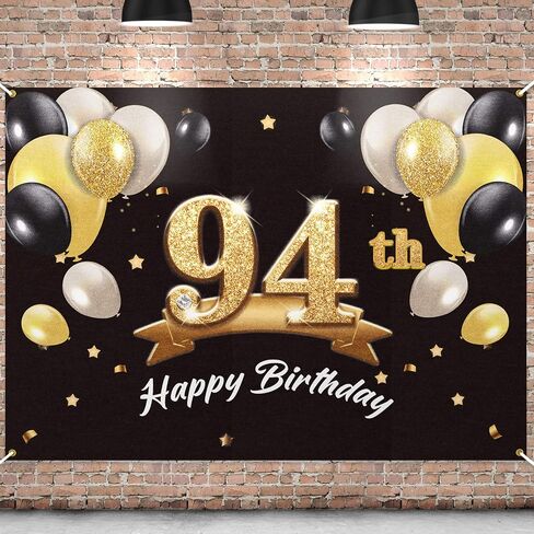 Happy 94th Birthday Banner Backdrop - 94 Birthday Party Decorations Supplies for Men - Black Gold 4 x 6ft in Saudi Arabia