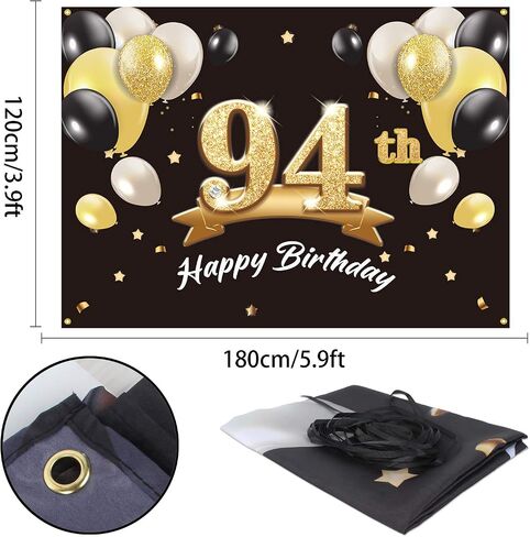 Happy 94th Birthday Banner Backdrop - 94 Birthday Party Decorations Supplies for Men - Black Gold 4 x 6ft in Saudi Arabia