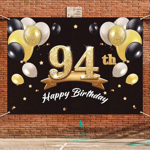 Happy 94th Birthday Banner Backdrop - 94 Birthday Party Decorations Supplies for Men - Black Gold 4 x 6ft in Saudi Arabia